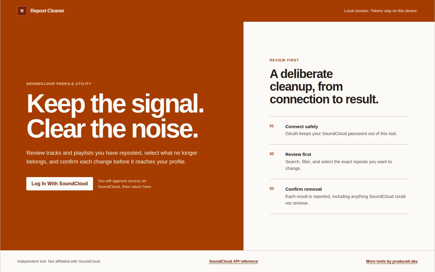 Repost Cleaner landing screen, showing the SoundCloud login step and a three-step review process